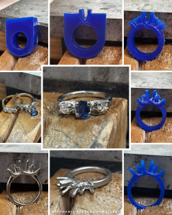 A photo collage of the ring being made from a piece of wax finished photo of a Platinum engagement ring with an oval sapphire and heirloom diamonds set either side