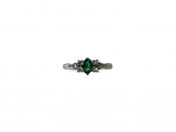 9ct White Gold Engagement Ring with Oval Emerald, Pear & Round diamonds on white background