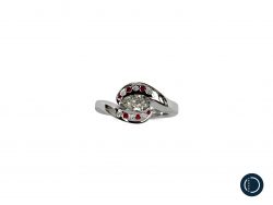 Platinum Engagement Ring Pear Ocean Diamond with Ruby & Diamonds flush set on a white background