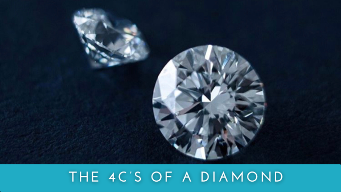 The 4c's Of Choosing a Diamond, 2 diamonds at different angles on a blue background.